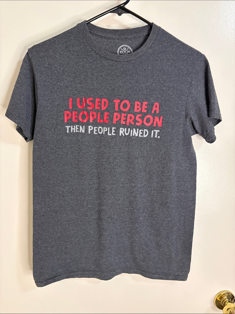 Doma Dark Gray Short Sleeve Tee with Red & White Statement Print